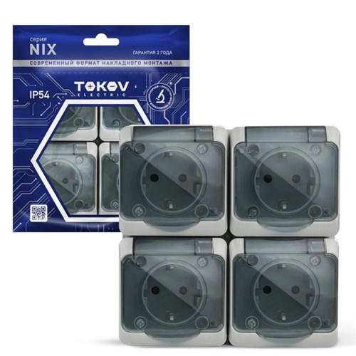 Розетка TOKOV ELECTRIC, Nix, 4-м, 16А, IP54, 250В, с з/к, с прозр. кр, серый, TKE-NX-R4Z-C06T-IP54 10404729 - фото 17171250