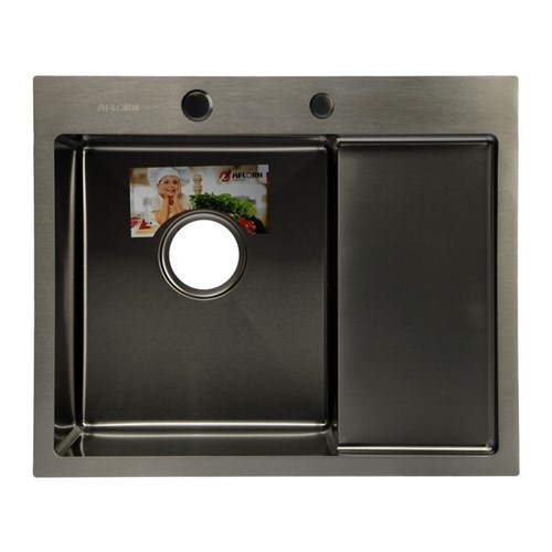 Мойка кухонная AFLORN AF95848F-L, врезная, левая, S=3 и 0,8 мм, 58х48х22 см, сифон, графит 10424929 - фото 17171374