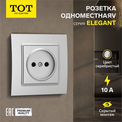 Розетка одноместная TOT Elegant, 10 А, скрытая, без з/к, серебристая 10439602 - фото 17180189