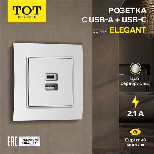 Розетка с USB-A + USB-C разъёмами, 2.1 A, 5В, TOT Elegant, скрытая, серебристая 10439633 - фото 17180294