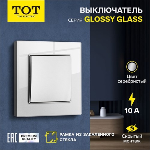 Выключатель TOT Glossy Glass, 10 А, 1 клавиша, скрытый, стекло, серебристый 10439698 - фото 17180549