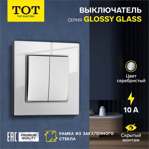 Выключатель проходной TOT Glossy Glass, 10 А, 2 клавиши, скрытый, стекло, серебристый 10439712 - фото 17180594