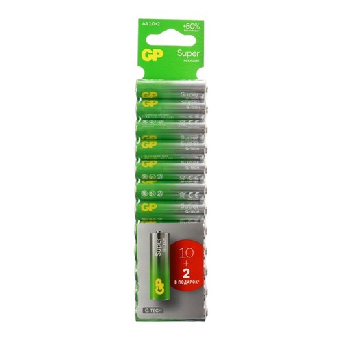Батарейка алкалиновая GP Super, AA, LR6-12BL, 1.5В, блистер, 10+2 шт. 10783284 - фото 17181268