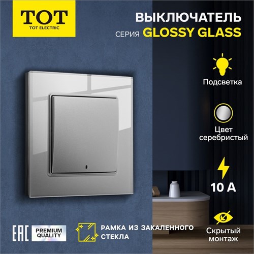 Выключатель TOT Glossy Glass, 10 А, 1 клавиша, с подсветкой, скрытый, стекло, серебристый 10439705 - фото 17184916