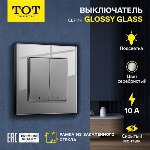 Выключатель TOT Glossy Glass, 10 А, 2 клавиши, с подсветкой, скрытый, стекло, серебристый 10439715 - фото 17184934