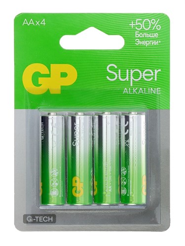 Батарейка алкалиновая GP Super, AA, LR6-4BL, 1.5В, блистер, 4 шт 10855939 - фото 17186803