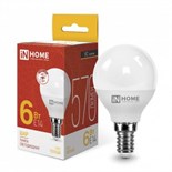Лампа светодиодная LED-ШАР-VC 6Вт шар 3000К тепл. бел. E14 570лм 230В IN HOME 4690612020501 530183