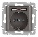 Розетка Accent 6-410-09 P+E Schuko со шторками 16А-250В + 2хUSB IP20 СУ титан Intro Б0063711 1931530