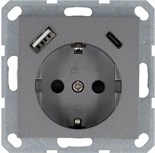 Розетка Shuko 16А с заземл. защ. шторки с 2-мя заряд. устройствами USB тип A+C 25Вт механизм алюм. Jasmart G5501USB-25S 1945143