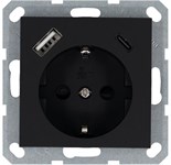 Розетка Shuko 16А с заземл. защ. шторки с 2-мя заряд. устройствами USB тип A+C 25Вт механизм черн. матов. soft touch Jasmart G5501USB-25PB 1945148
