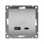 Розетка 2-м USB СП Афина тип А+С 5В 1х2.4А 2х4А механизм серебро Universal А0059-S 1808191