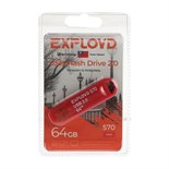 Флешка Exployd 570, 64 Гб, USB2.0, чт до 15 Мб/с, зап до 8 Мб/с, красная 9560843