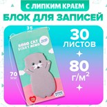 Блок с липким краем из бумаги 35мм х 70мм 30л Серый котик 10613659