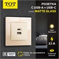 Розетка с USB-A + USB-C разъёмами, 2.1 A, 5В, TOT Matte Glass, скрытая, стекло, бежевая 10439694 - фото 17180529